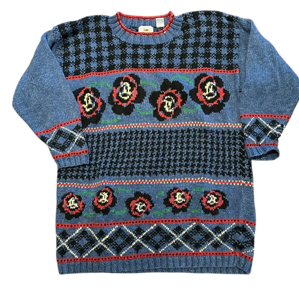 Vintage Marsh Landing Handknit Oversized Sweater Blue Houndstooth Womens Large